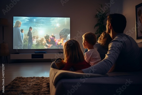 a family sitting in front of a huge flat screen television in the living-room in the evening watching a movie spending leisure time together