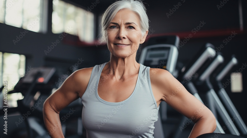 portrait of a mature senior woman at gym looking at camera in a fitness center or a gym