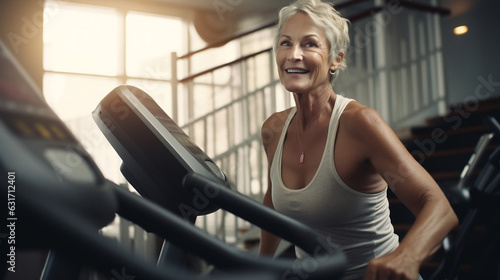 portrait of a mature senior woman at gym looking at camera in a fitness center or a gym