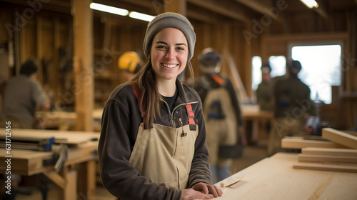 Portrait of happy female carpenter looking at camera wearing protective ware in modern woodworking shop, woman in carpentry shop with copy space 