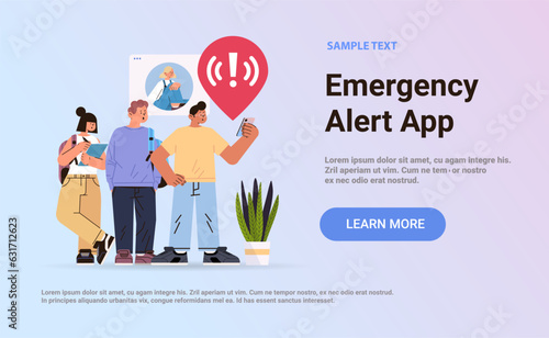 people using smartphone with exclamation alarm caution warning notification mark on screen emergency alert concept