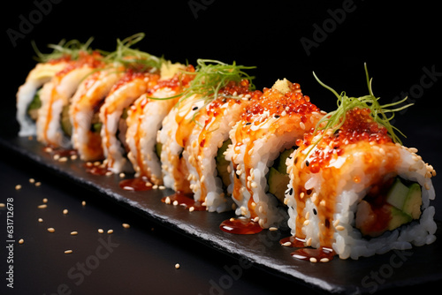 Tasty sushi rolls on dark background, closeup view, aesthetic look