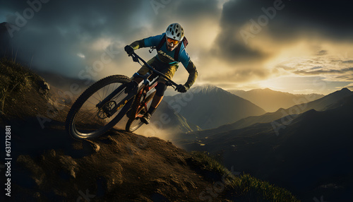 Adventure-themed sports, the sensory experience of mountain bikers at sunset, conveying the meaning of adventure, courage and the outdoors © JQM