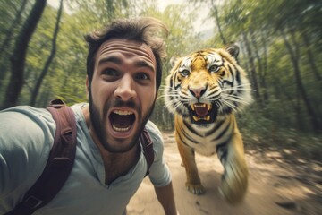 Man running away from scary tiger in nature. Generative AI