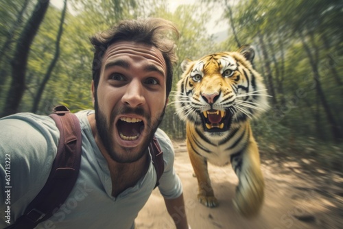 Man running away from scary tiger in nature. Generative AI