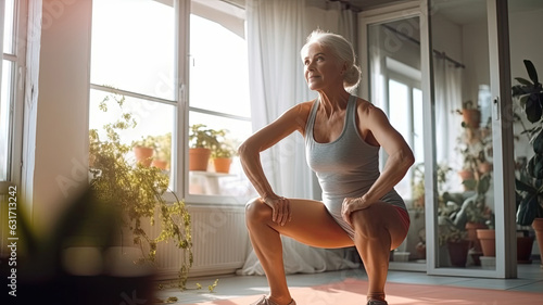 active woman in her 60s working out and doing some squats at home