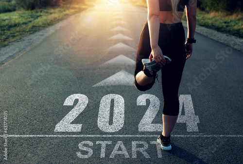  New Year 2024 with new ambitions, challenge, plans, goals and visions.Sports girl who wants to start the year 2024. Concept of new professional achievements in the new year and success.