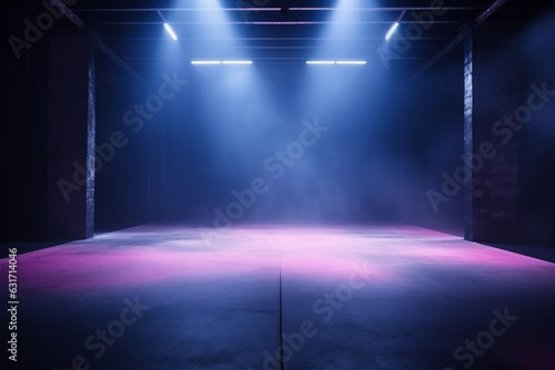 The dark stage shows, empty dark blue, purple, pink background, neon light, spotlights, The asphalt floor and studio room with smoke float up the interior texture for display products, aesthetic look
