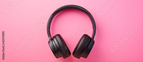 A black headphone or headset is seen on a pink background, with ample space for text or design. The headphones are wireless and has a selective focus, with nobody in the frame.