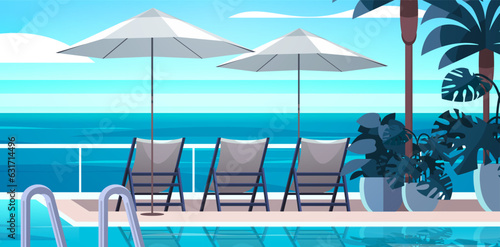 tropical luxury resort hotel beach swimming pool and poolside seating area summer vacation concept