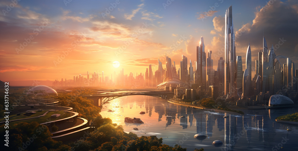 futuristic cityscape for a world powered by  AI sunrise