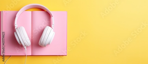 A book and yellow headphones are placed on a pink background, as seen from the top. ample space for copying or adding text.