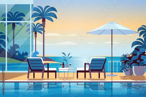 tropical luxury resort hotel beach swimming pool and poolside seating area summer vacation concept