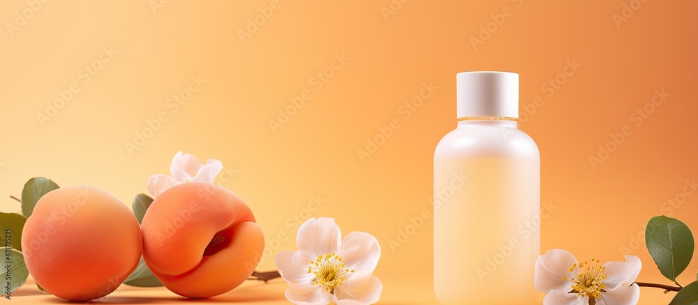 The brightening cream, body lotion, and facial foam are natural cosmetic beauty products that come in a glass bottle with either serum or oil. The mock-up shows the bottle alongside fresh apricots