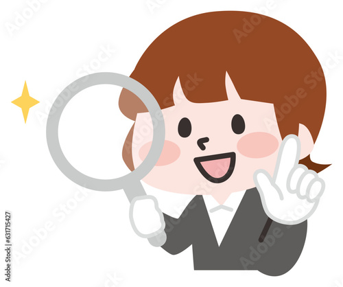 虫メガネを持つ査定スタッフの女性