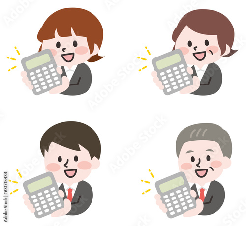 電卓を持つ会社員の人物セット