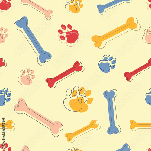 Cute colorful pet paw and bone seamless pattern. Dog Bone vector dog paw doodle Seamless pattern isolated wallpaper background.