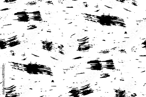 Seamless pattern with black brush strokes, paint and ink blots on a white background. Abstract graphic design, repeat texture with paint strokes in grunge style. Vector illustration in two colors.