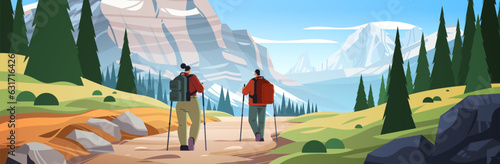 rear view of tourists hikers with backpacks travels along mountains and enjoying the view over beautiful nature landscape