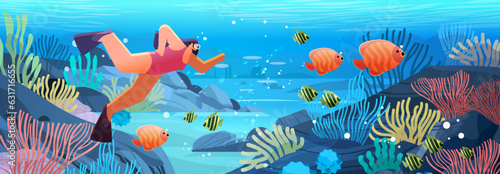 woman tourist in diving mask swimming in sea or ocean and watching marine fauna with fish and coral reef
