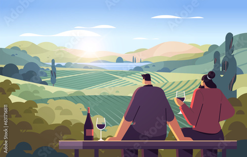 couple drinking wine and enjoying landscape view of with clear river mountain ridge green meadow shores nature tourism travel adventure