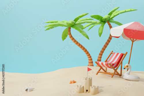 3D minimal beach scene with sand space and sand castle , 3D rendering sand landscape with beach chair,umbrella,glossy rubber duck , sand castle ,shell, starfish  and coconut tree 