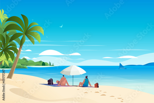 man woman couple sitting together under umbrella on tropical beach summer vacation time to travel concept