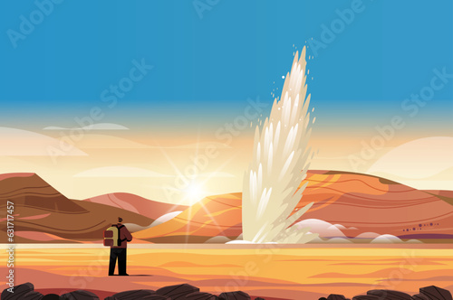 Canvas Print tourist near impressive eruption of active geyser hot water steam spraying out f