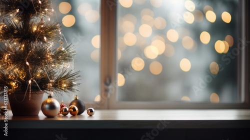 Empty wooden table with christmas tree over room in background