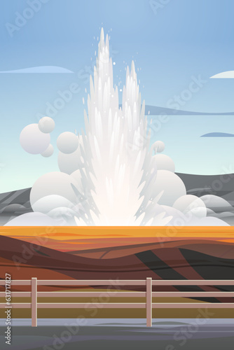 impressive eruption of active geyser hot water steam spraying out from under ground power fountain outdoor