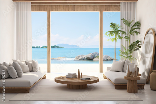 Living room with sea view, bright and modern furnishings, flooded with light © GlobalGraphics