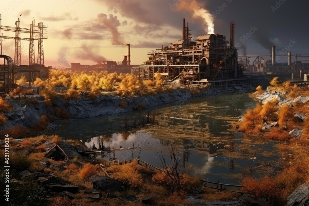 Abandoned industrial area. 3D render. Industrial landscape. Abandoned factory in the middle of the river. Concept of environmental pollution, AI Generated