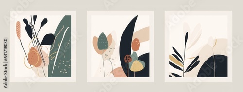 Modern abstract collage with plants. Contemporary wall decor. Collection of creative artistic posters, Generative AI