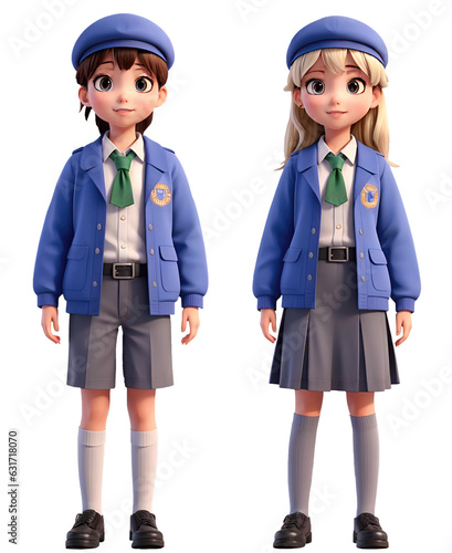 Happy boy and girl in school uniform standing isolated on transparent background, 3d illustration. Generative AI