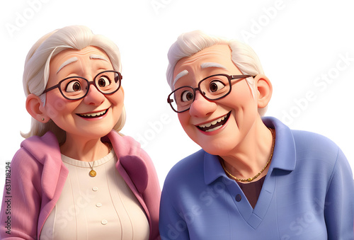 Portrait of happy senior couple laughing with wearing glasses isolated on transparent background, 3d illustration. Generative AI