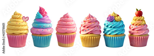 Set of delicious colorful different flavors cupcakes  isolated on transparent background, 3d illustration. Generative AI