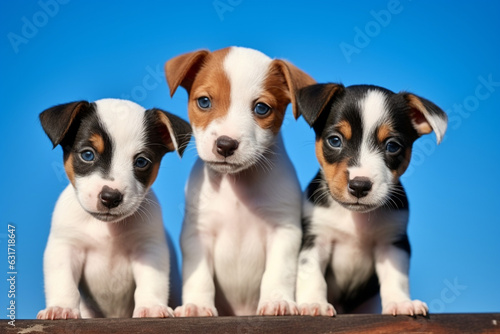 three jack russell puppies close-up, on an isolated blue background, aesthetic look