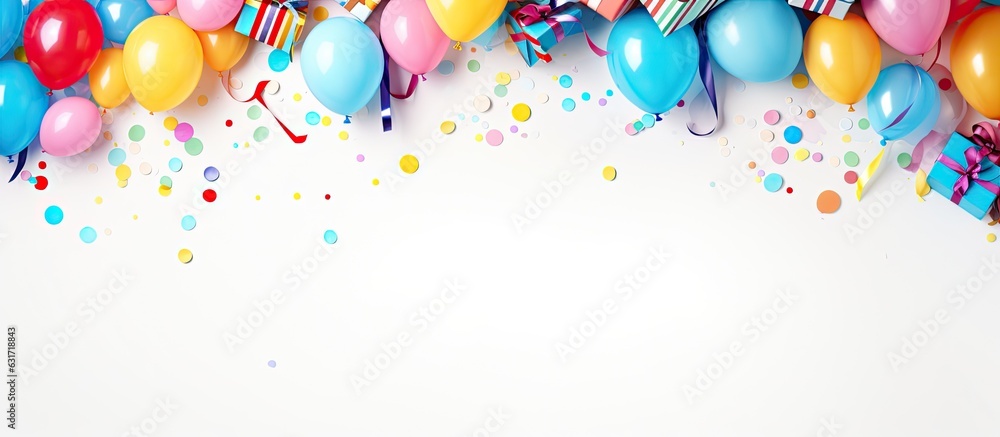 Birthday party banner or backdrop featuring vibrant balloons, presents, party hats, confetti, candies, and streamers. Presented in a flat lay style with ample space for personalized greeting text.