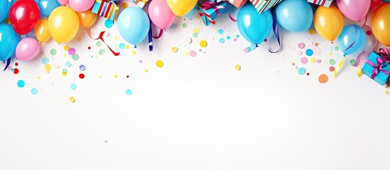 Birthday party banner or backdrop featuring vibrant balloons, presents, party hats, confetti, candies, and streamers. Presented in a flat lay style with ample space for personalized greeting text.
