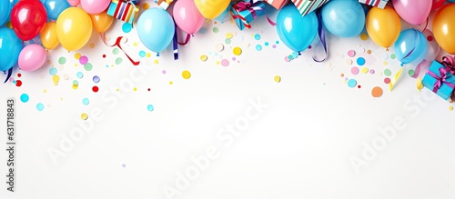 Obraz na płótnie Birthday party banner or backdrop featuring vibrant balloons, presents, party hats, confetti, candies, and streamers. Presented in a flat lay style with ample space for personalized greeting text. w salonie