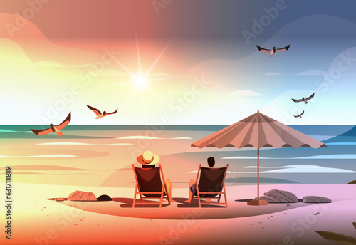 man woman couple sitting together under umbrella on tropical beach summer vacation time to travel concept