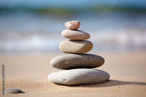 Three stacked stones on raked sand  aesthetic look