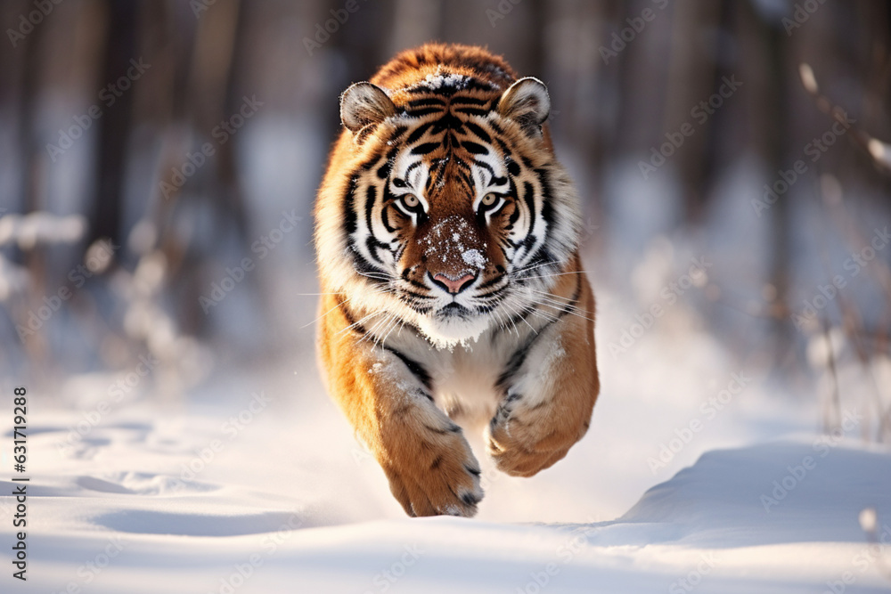 Tiger in wild winter nature, Amur tiger running in the snow, Action wildlife scene with danger animal, soft light photography