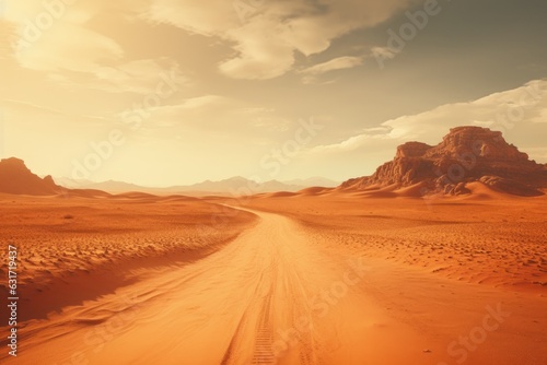 Desert road in the Sahara desert, Egypt. Vintage style. Adventure desert road explore vibe, AI Generated