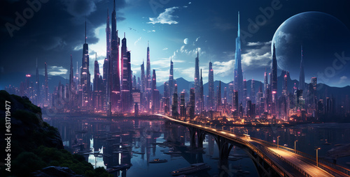 3D rendering of a fantasy alien planet Futuristic city. Generative Ai content