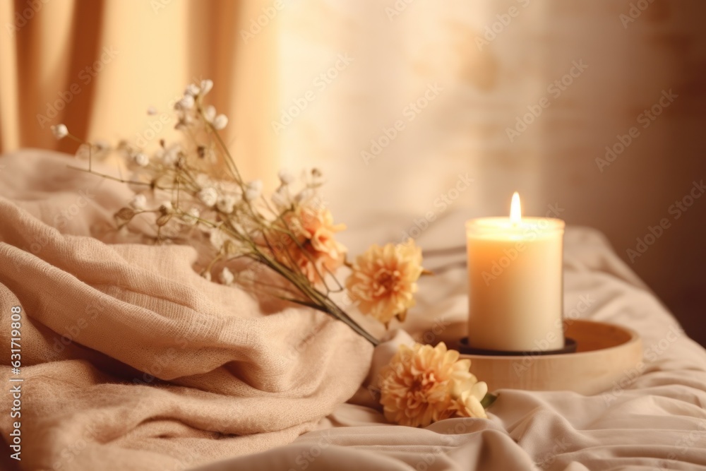 White bad with candles with flowers White bad with candles with flowers