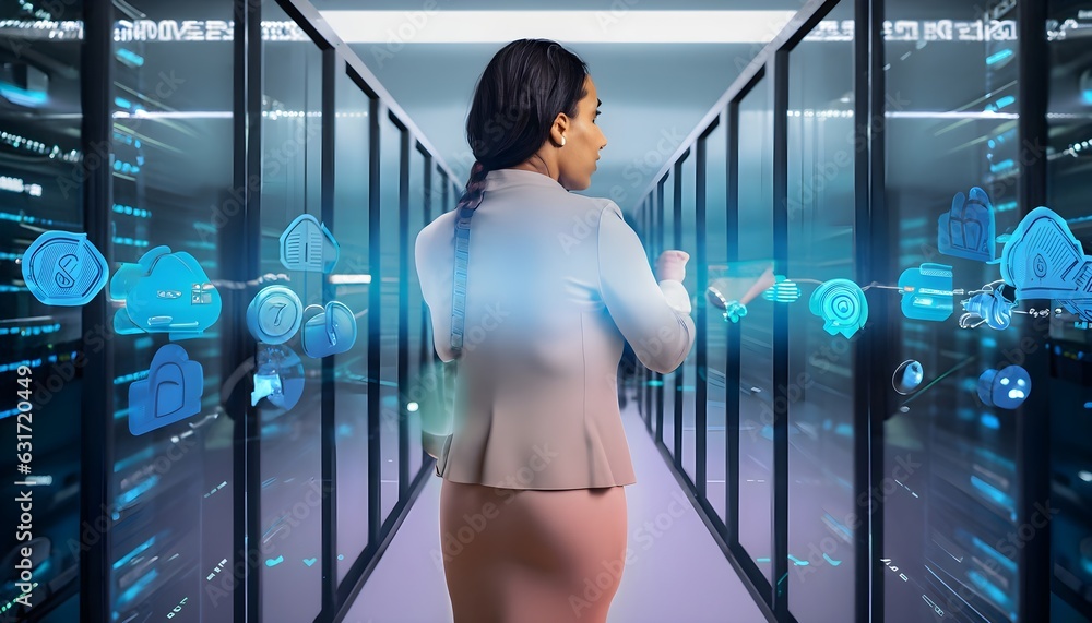 scene featuring a female CTO working collaboratively with a team of professionals in a cloud-based data center wallpaper 