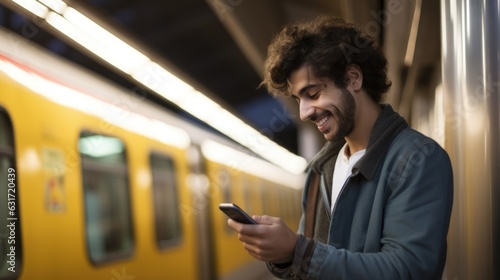 Happy young man with smartphone in subway