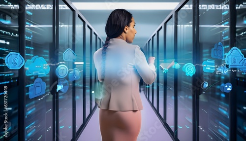 scene featuring a female CTO working collaboratively with a team of professionals in a cloud-based data center wallpaper 