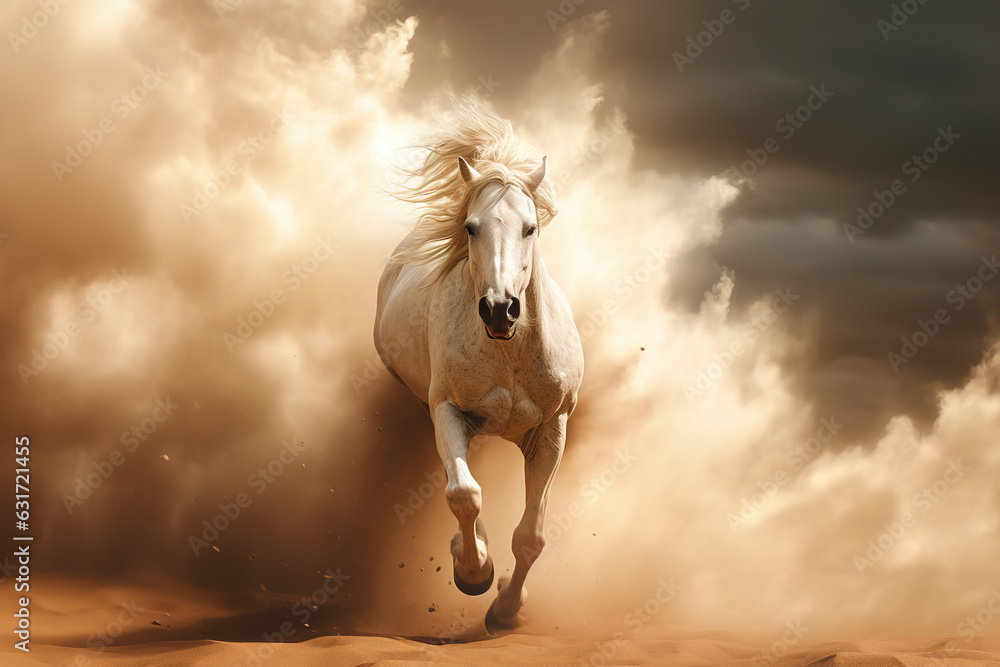 Image of horse running in the middle of the desert in a violent sandstorm. Wildlife Animals. Generative AI. Illustration. Image of horse running in the middle of the desert in a violent sandstorm. Wildlife Animals. Generative AI. Illustration.